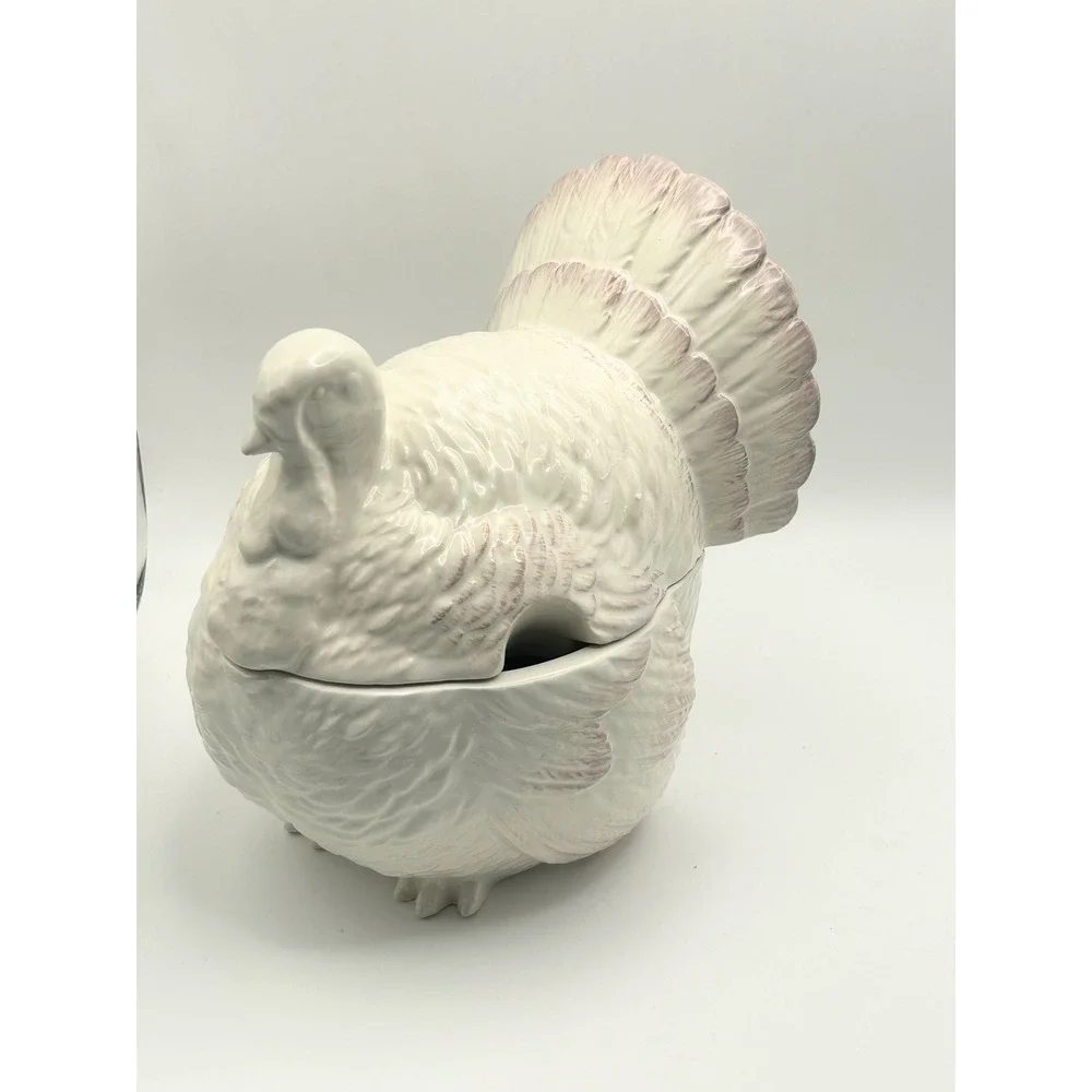 Ceramic Turkey Gravy Boat Lidded Tureen White with Purple Accents Thanksgiving